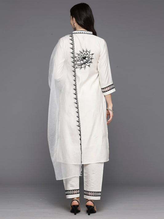 Indo Era Cream Embroidered Straight Kurta Trousers With Dupatta Set