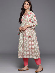 Indo Era Off White Printed A-Line Kurta Trousers With Dupatta Set