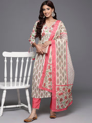 Indo Era Off White Printed A-Line Kurta Trousers With Dupatta Set