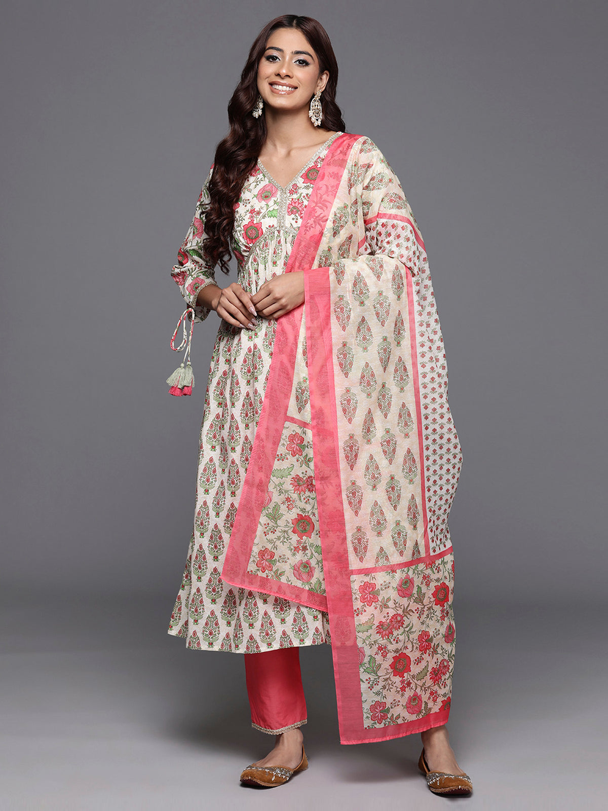 Indo Era Off White Printed A-Line Kurta Trousers With Dupatta Set