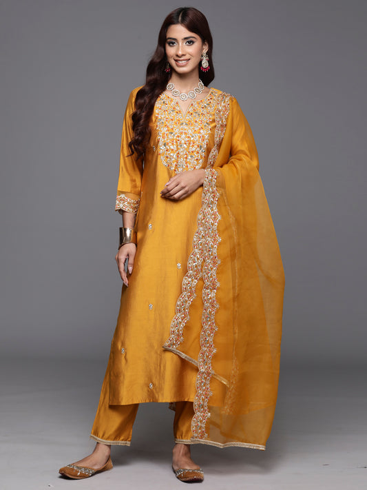 Indo Era Mustard Embroidered Straight Kurta Trousers With Dupatta Set