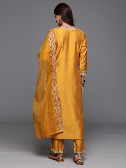 Indo Era Mustard Embroidered Straight Kurta Trousers With Dupatta Set