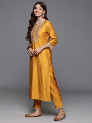 Indo Era Mustard Embroidered Straight Kurta Trousers With Dupatta Set