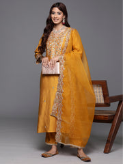 Indo Era Mustard Embroidered Straight Kurta Trousers With Dupatta Set