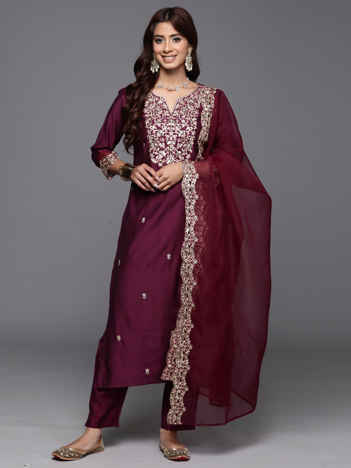 Indo Era Purple Embroidered Straight Kurta Trousers With Dupatta Set