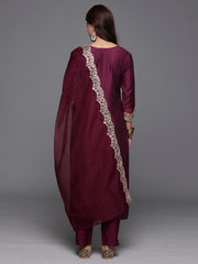 Indo Era Purple Embroidered Straight Kurta Trousers With Dupatta Set