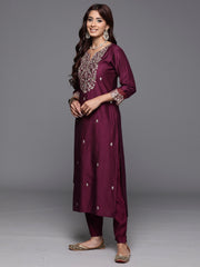 Indo Era Purple Embroidered Straight Kurta Trousers With Dupatta Set