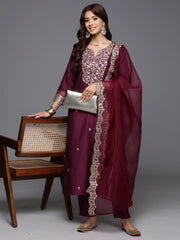 Indo Era Purple Embroidered Straight Kurta Trousers With Dupatta Set