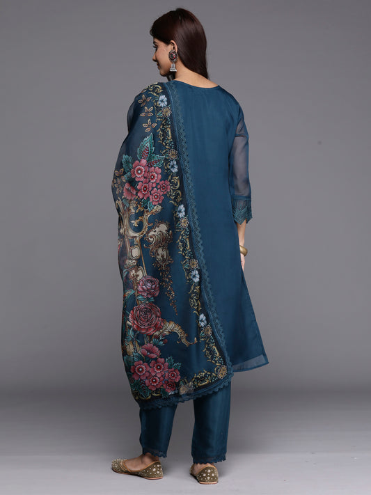 Indo Era Teal Embroidered Straight Kurta Trousers With Dupatta set