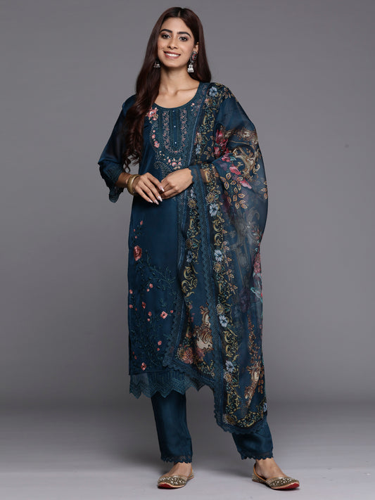 Indo Era Teal Embroidered Straight Kurta Trousers With Dupatta set