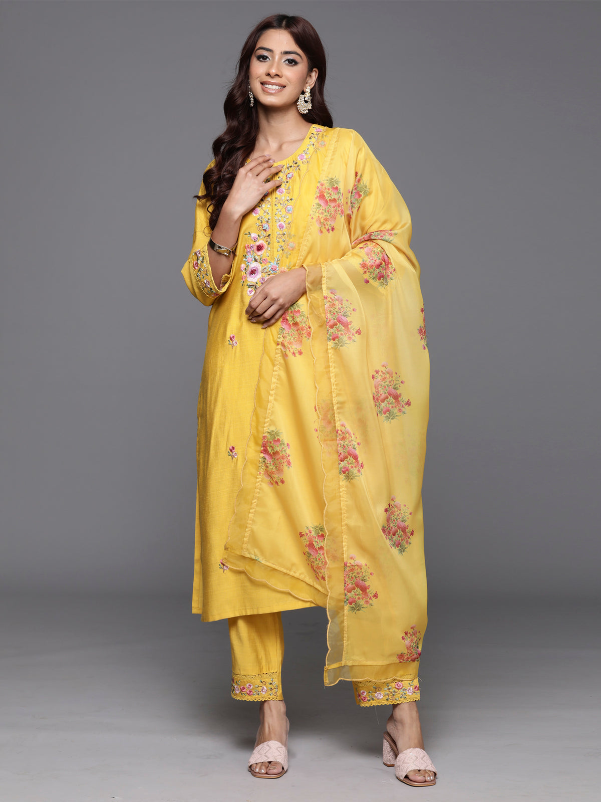 Indo Era Yellow Embroidered Straight Kurta Trousers With Dupatta Set