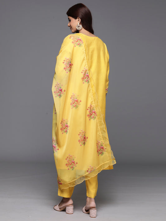 Indo Era Yellow Embroidered Straight Kurta Trousers With Dupatta Set