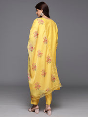 Indo Era Yellow Embroidered Straight Kurta Trousers With Dupatta Set