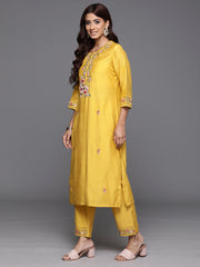 Indo Era Yellow Embroidered Straight Kurta Trousers With Dupatta Set