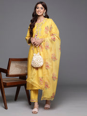 Indo Era Yellow Embroidered Straight Kurta Trousers With Dupatta Set