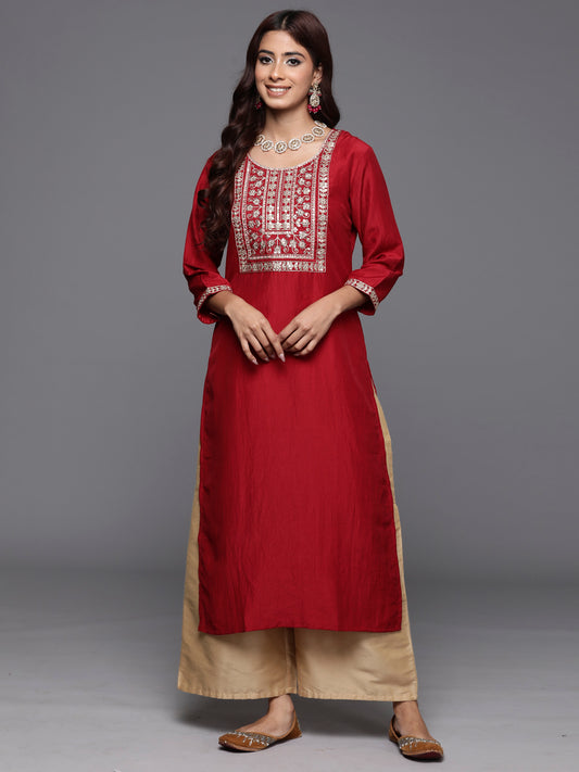 Indo Era Maroon Embroidered Straight Kurtas