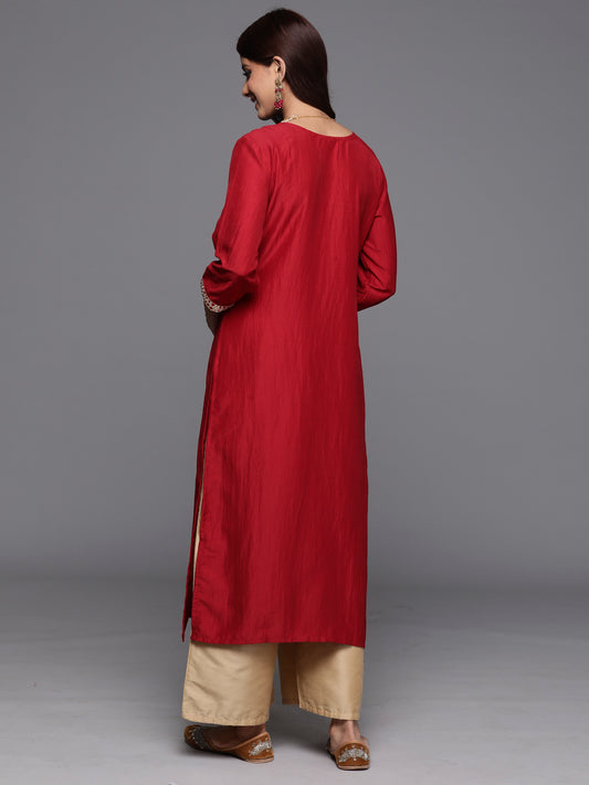 Indo Era Maroon Embroidered Straight Kurtas