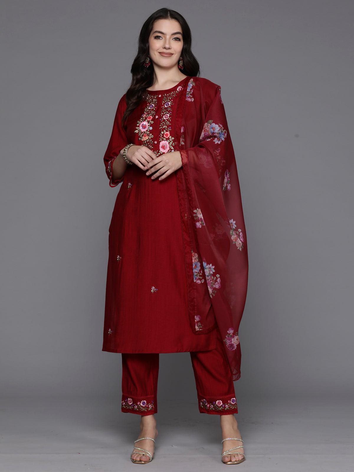 Indo Era Maroon Embroidered Straight Kurta Trousers With Dupatta Set