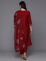 Indo Era Maroon Embroidered Straight Kurta Trousers With Dupatta Set