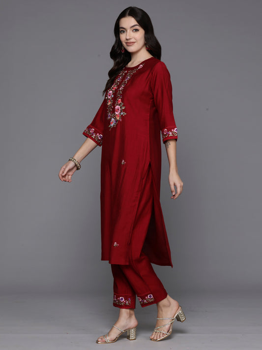 Indo Era Maroon Embroidered Straight Kurta Trousers With Dupatta Set