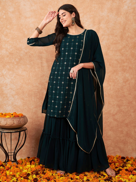 Indo Era Green Embroidered Straight Kurta Sharara With Dupatta Set