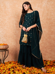 Indo Era Green Embroidered Straight Kurta Sharara With Dupatta Set