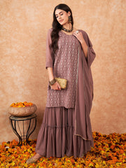 Indo Era Mauve Embroidered Straight Kurta Sharara With Dupatta Set