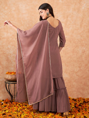 Indo Era Mauve Embroidered Straight Kurta Sharara With Dupatta Set