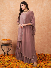 Indo Era Mauve Embroidered Straight Kurta Sharara With Dupatta Set