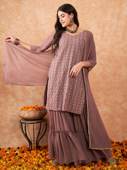 Indo Era Mauve Embroidered Straight Kurta Sharara With Dupatta Set