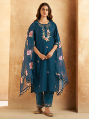 Indo Era Teal Embroidered Straight Kurta Trousers With Dupatta Set