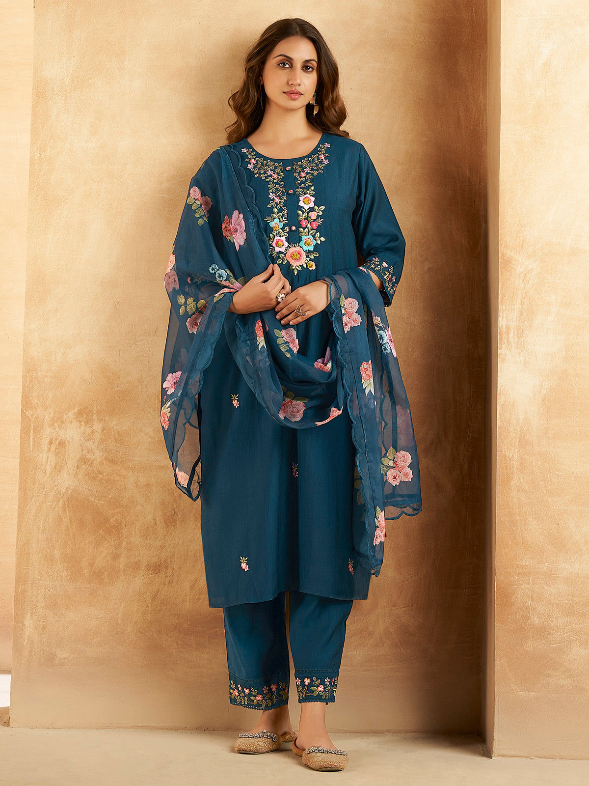 Indo Era Teal Embroidered Straight Kurta Trousers With Dupatta Set