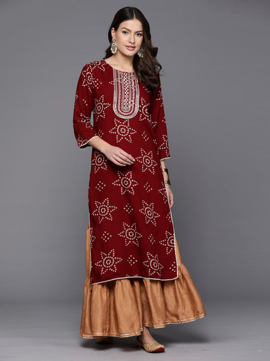 Indo Era Maroon Printed Straight Kurtas