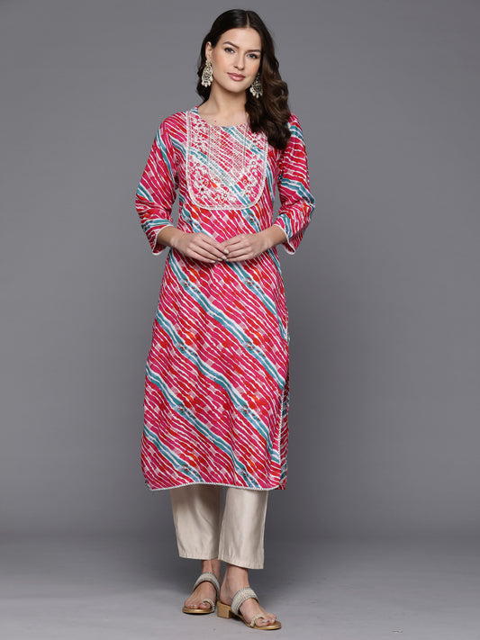 Indo Era Pink Printed Straight Kurtas