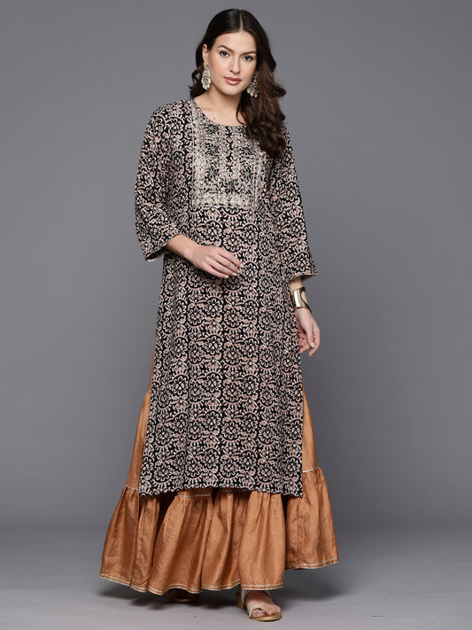 Indo Era Black Printed Straight Kurtas