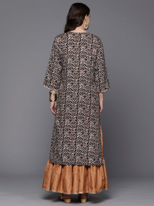 Indo Era Black Printed Straight Kurtas