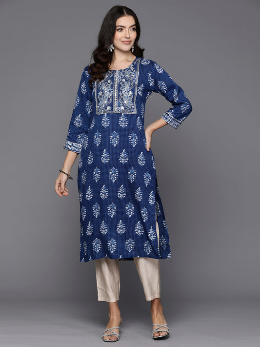 Indo Era Blue Printed Straight Kurtas