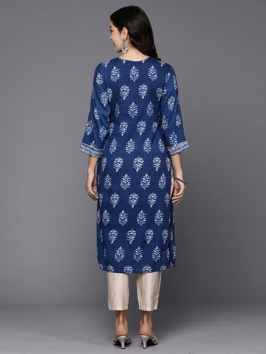 Indo Era Blue Printed Straight Kurtas