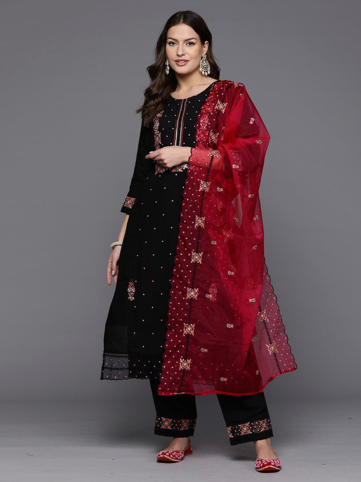 Indo Era Black Embroidered Straight Kurta Trousers With Dupatta set