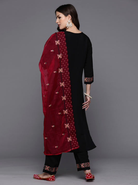 Indo Era Black Embroidered Straight Kurta Trousers With Dupatta set