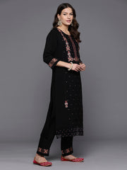 Indo Era Black Embroidered Straight Kurta Trousers With Dupatta set