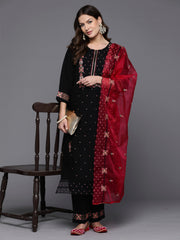 Indo Era Black Embroidered Straight Kurta Trousers With Dupatta set