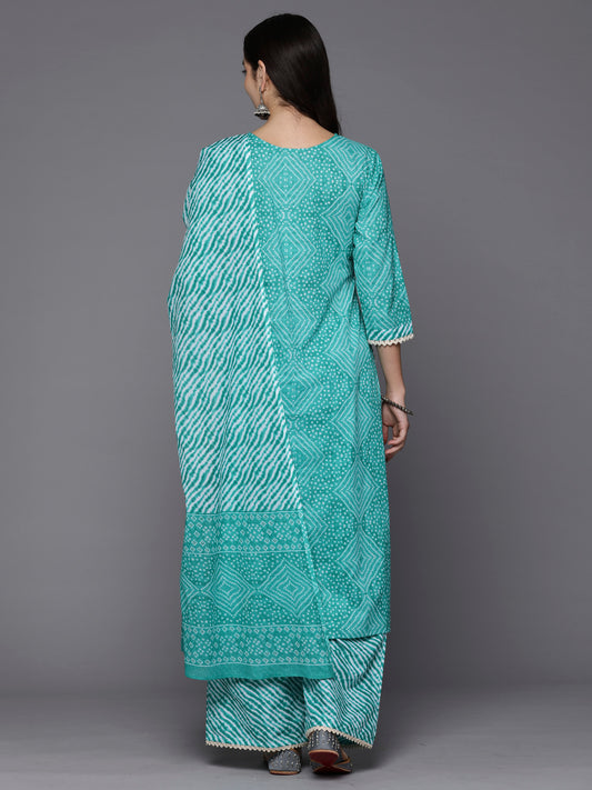 Indo Era Blue Printed Straight Kurta Palazzos With Dupatta Set