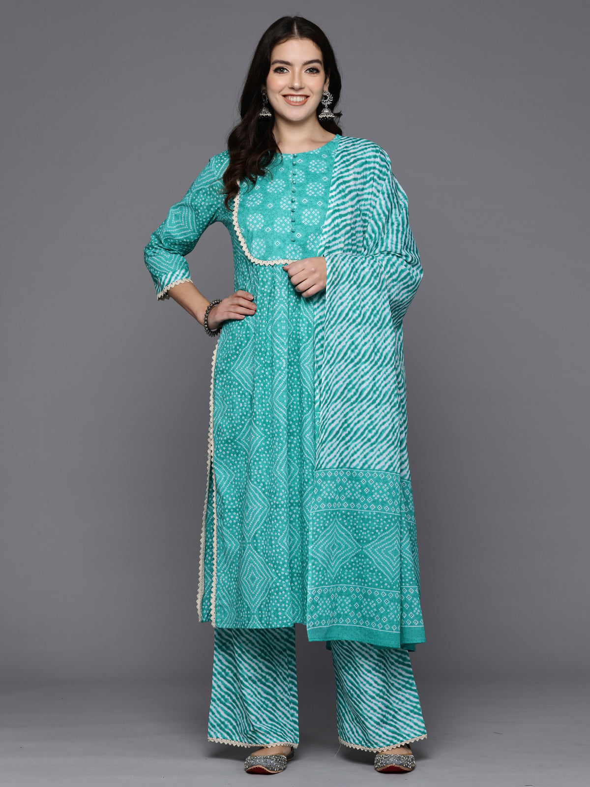 Indo Era Blue Printed Straight Kurta Palazzos With Dupatta Set