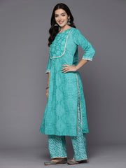 Indo Era Blue Printed Straight Kurta Palazzos With Dupatta Set