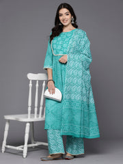 Indo Era Blue Printed Straight Kurta Palazzos With Dupatta Set