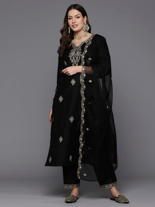 Indo Era Black Embroidered Straight Kurta Trousers With Dupatta Set