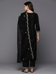 Indo Era Black Embroidered Straight Kurta Trousers With Dupatta Set