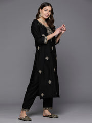 Indo Era Black Embroidered Straight Kurta Trousers With Dupatta Set