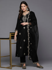 Indo Era Black Embroidered Straight Kurta Trousers With Dupatta Set